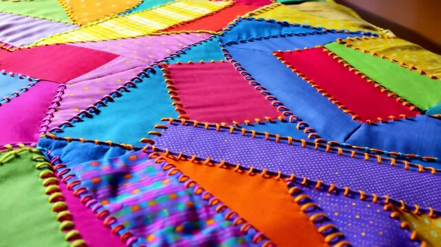 Handmade patchwork quilt featuring vibrant colorful fabrics with unique stitches, creating a warm, textured and artistic textile craft.