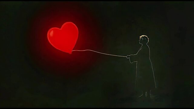 A person holding a glowing red heart balloon in a dark setting, symbolizing love and hope.