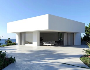 Modern minimalist villa with ocean view with sunny day.