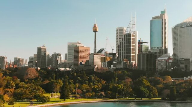 Aerial view of downtown Sydney with iconic skyscrapers and waterfront