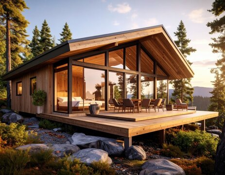 Modern Cabin Retreat  Lake Tahoe House with deck, nature, and mountains.