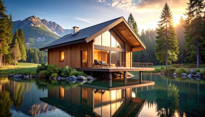 Fototapeta premium Title Lakeside Cabin Retreat Modern Home Reflects in Serene Mountain Lake.