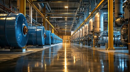 Naklejka premium Large Industrial Facility with Blue Machinery and Complex Pipes Arrangement