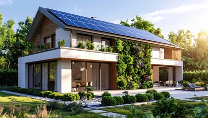 Green Home Modern House with Solar Panels  Living Wall in Summer.