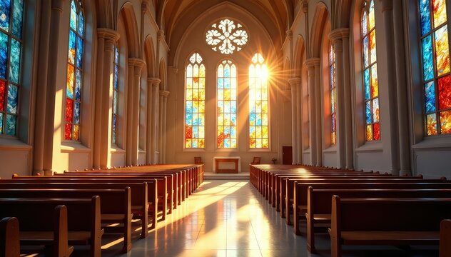 A modern church sanctuary, sunlight streaming through stained-glass windows , faith, divine, sanctuary