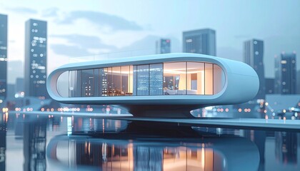 Futuristic Floating Home Cityscape Reflection Modern Architecture Design.