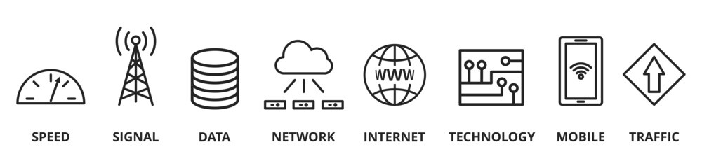 Banner 5G vector illustration concept. speed, signal, network, internet, technology, mobile and traffic icons
