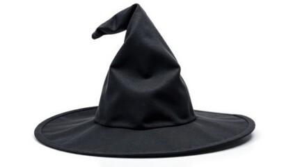 Classic black witch's hat, pointed crown, wide brim, isolated on white background , wide, party, illustration