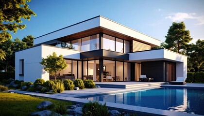 Fototapeta premium Modern Villa Oasis Poolside Luxury in Sunny Setting.
