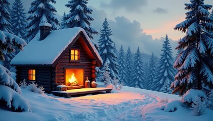 Naklejka premium Cozy winter cabin scene with snow-covered trees and fireplace glow , mountain, fireplace