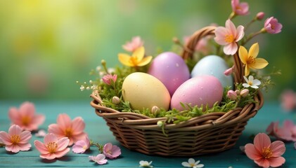 Decorated eggs nestled in a spring basket with blooming flowers, celebrating Easter , cross, rabbit