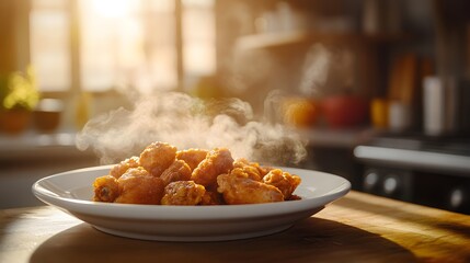 Fried chicken on white plate on wooden table with morning light.
