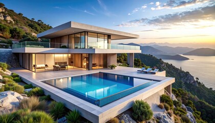 Fototapeta premium Cliffside Luxury Modern villa with pool overlooking ocean at sunset.