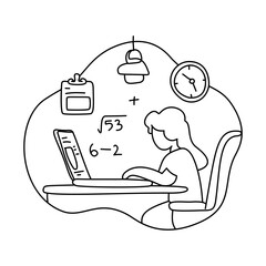 Woman working on laptop at desk with clock and note papers