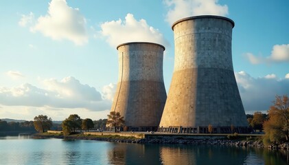 Fototapeta premium Industrial cooling tower, large structure, heat dissipation, water evaporation , heat, industry, concrete