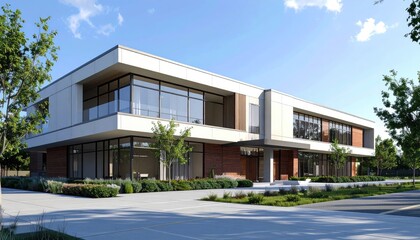 Modern Office Building Architecture with Design, and Landscape on sunny day.