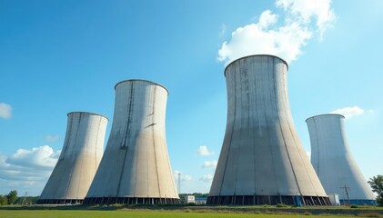 Fototapeta premium Large industrial cooling tower against a blue sky Industrial architecture, energy production, power generation, environmental engineering , large, structure, infrastructure
