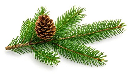 Lush green pine branch with a rich brown pine cone isolated on white background perfect for Christmas designs and winter themes.