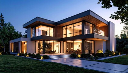 Modern Luxury Home Illuminated Glass Facade at Dusk with Serene Suburban Dream.