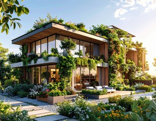 Fototapeta premium Modern Eco Home Lush Garden Oasis with Sustainable Living, and Natural Beauty.