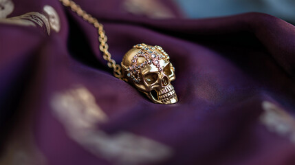 Dark Gold Embellished Skull with Chain on Dark Purple Surface
