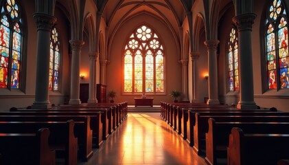 Fototapeta premium Serene church interior, stained glass illuminating peaceful prayer space , pews, religion