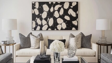 Modern living room interior design featuring abstract art.