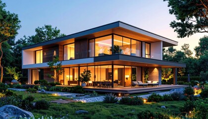 Fototapeta premium Modern Dream Home Luxury Architecture with Garden at Dusk.