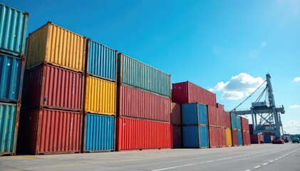 Fototapeta premium Stack of colorful shipping containers at a port terminal under a bright blue sky , warehouse, maritime, sky