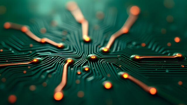 Fracturing parallel circuit lines with random branches, glowing power pathways, organic-tech fusion on PCB texture.