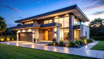 Modern Home Glows Evening Exterior of Luxury Real Estate Design.
