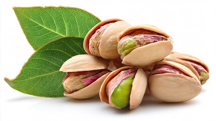 Fresh Pistachios in Shell with Leaves Isolated on White Background
