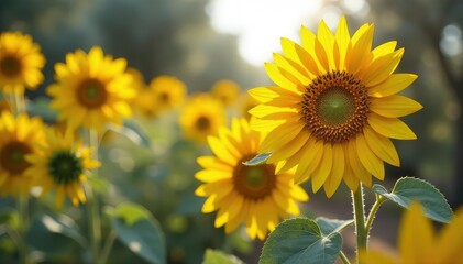 Fototapeta premium Vibrant sunflowers in a sun-drenched olive grove Golden petals contrast with silvery leaves , yellow, landscape, vibrant