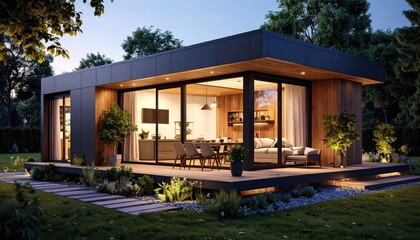 Fototapeta premium Modern Prefab Home Stylish Living in a Modular Design at twilight.