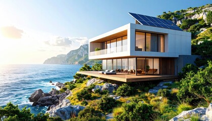 Fototapeta premium Cliffside Modern Home Ocean Views Solar Power with Coastal Luxury.