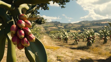Ripe red fruits on branch, hillside orchard, sunny day, agriculture