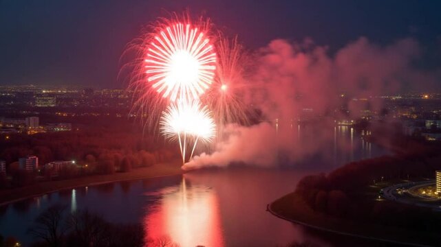View of fireworks and fireworks from a bird's-eye view over the city of Minsk. Colored lights in the sky over a river in Europe. Celebratory salute. Victory day may 9