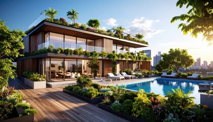 Obraz premium Modern Oasis Luxury Villa with Pool with City View Green Roof.