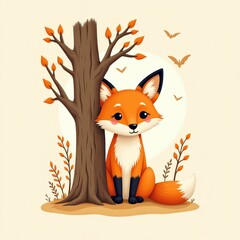 Obraz premium Cute fox sitting by a tree in autumn.