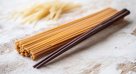 Whole wheat spaghetti and chopsticks on a white background.