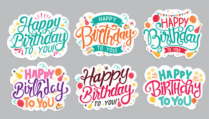 Happy birthday colorful greeting template clipart set. Birthday typography text multicolored clip art collection for scrapbook and stationary graphic elements vector illustration. 
