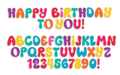 Happy birthday calligraphy sticker clipart set. Happy birthday to you greeting with letters, numbers and alphabet in colorful stickers graphic elements clip art collection vector illustration.
