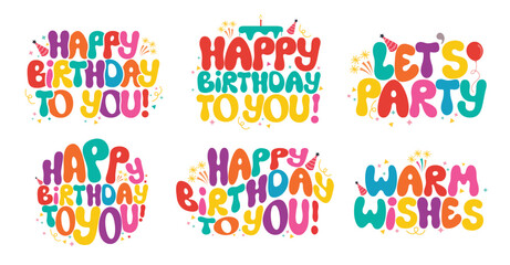 Happy birthday font text colorful clipart set. Birthday greeting and wishes typography in multicolored calligraphy graphic element clip art collection vector illustration. 
