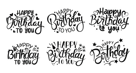 Fototapeta premium Happy birthday calligraphy clipart set. Happy birthday to you text, greeting, wishes and typography clip art in black font graphic elements collection vector illustration. 