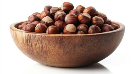 Fototapeta premium A wooden bowl overflowing with hazelnuts.