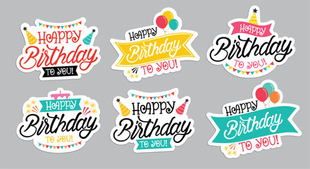 Plakat Happy birthday stickers calligraphy clipart set. Birthday typography sticker greeting clip art in colorful sticker graphic element collection vector illustration. 