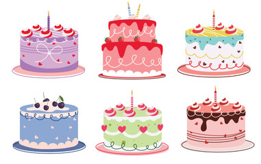 Birthday cake clipart set. Colorful cake dessert drawing elements clip art for party sweet food decoration collection in white background vector illustration.  
