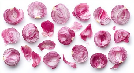 Red onion slices and peels arranged on a white background.