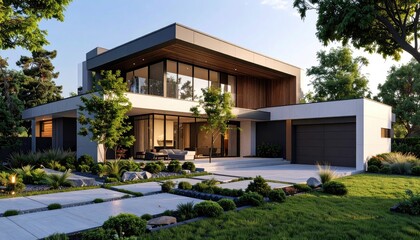 Fototapeta premium Modern Residence Sleek Design Lush Greenery.