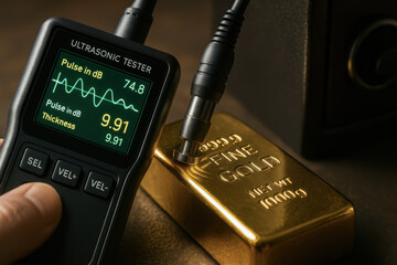 Ultrasonic tester measuring thickness of gold bar as safe investment for home use with precise technology and reliable results